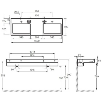 Раковина-столешница двойная с подсветкой JACOB DELAFON Terrace 150х49 EXA9112-00. Фото